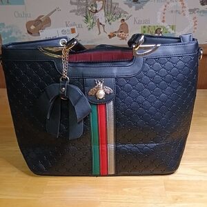 Diophy Black Quilted Tote with Red,Silver and Green Center Stripe and Bee Accent